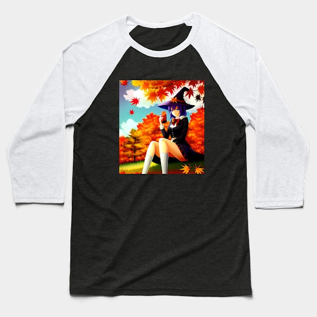 Autumn Witch Baseball T-Shirt by Manzo Carey